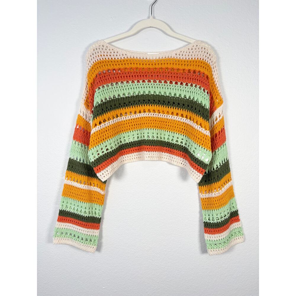 Le Lis Lightweight Boho Festival Multicolor Striped Crochet Knit Sweater Top